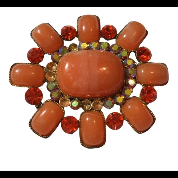 BEAUTIFUL vintage orange brooch pin with gold and iridescent rhinestones - Picture 3 of 7